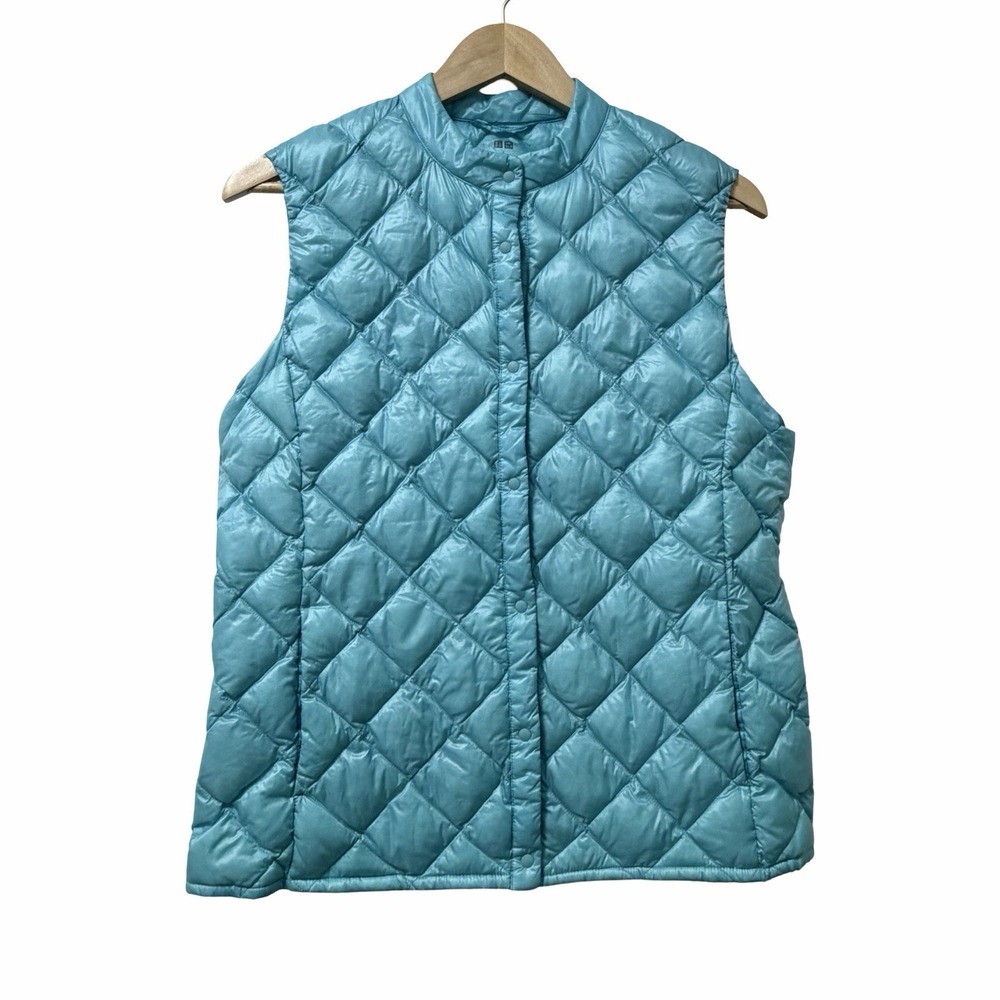 Uniqlo Womens Ultra Light Quilted Snap Puffer Down Vest Size L Blue Packable
